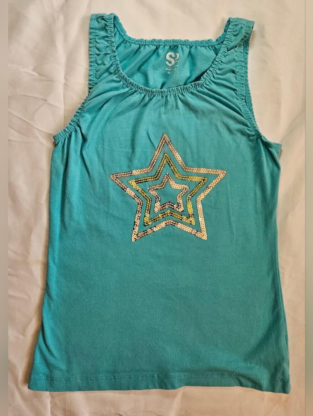 So Brand Girls Blue Ruched Sleeveless Sequined Silver Star Top Size Medium